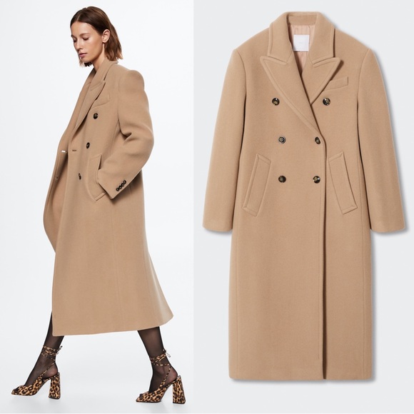 MANGO NWOT Neutral Camel Beige Long Double Breasted Virgin Italian Wool Coat S - Picture 7 of 16